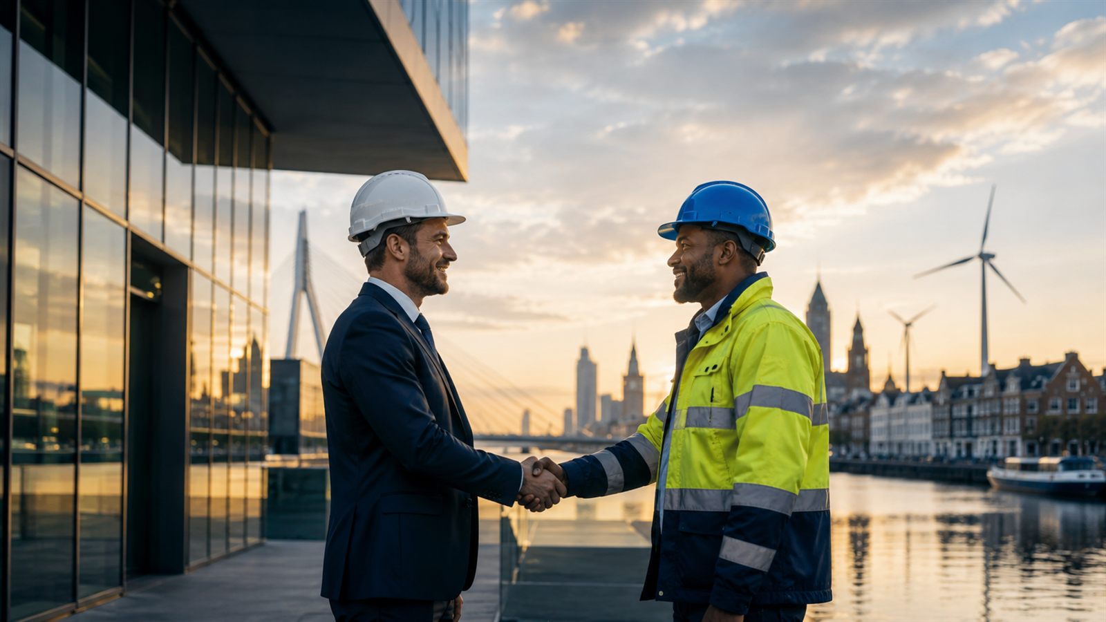A business manager in a suit and a worker in a hi-vis jacket and hard hat shaking hands on a Dutch waterfront at sunset