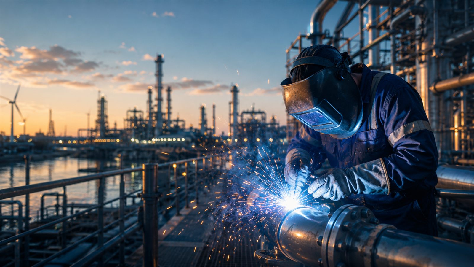 A welder in protective gear working on a steel pipe with bright sparks at an industrial plant by the water at dusk